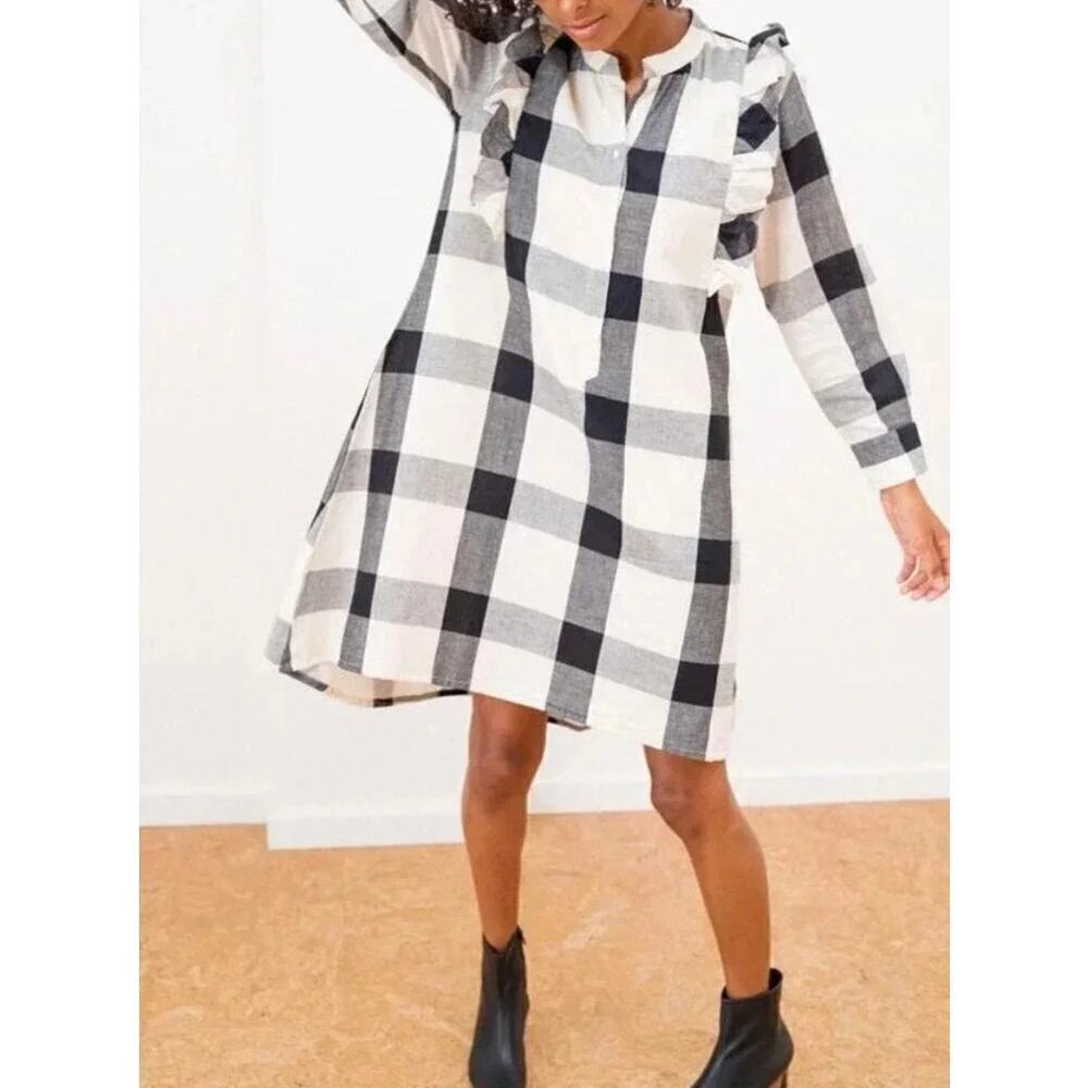 Tribe Alive Freya Ruffled Shirt Dress Medium Lined Check Plaid Black Cream